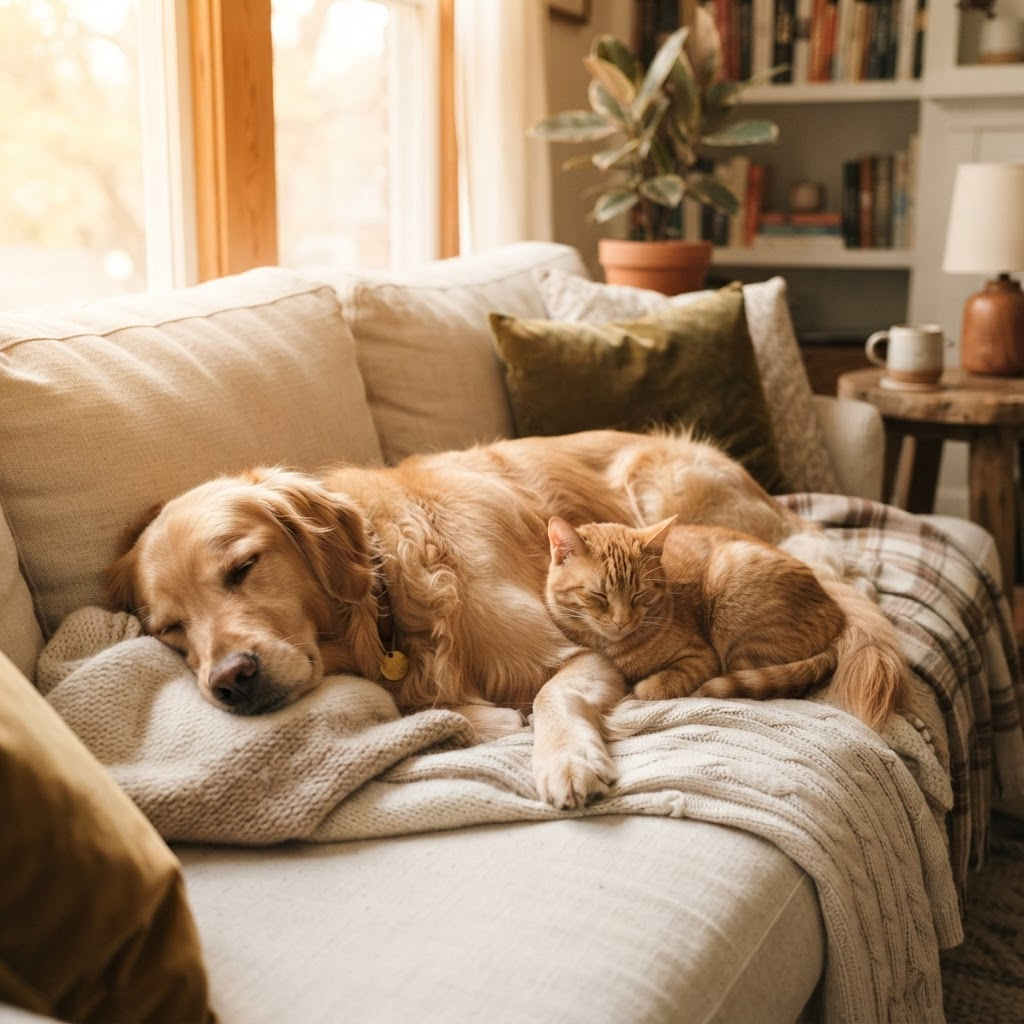 A happy dog and cat resting together