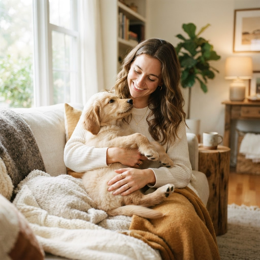 A smiling pet parent holding a golden retriever puppy in a bright living room