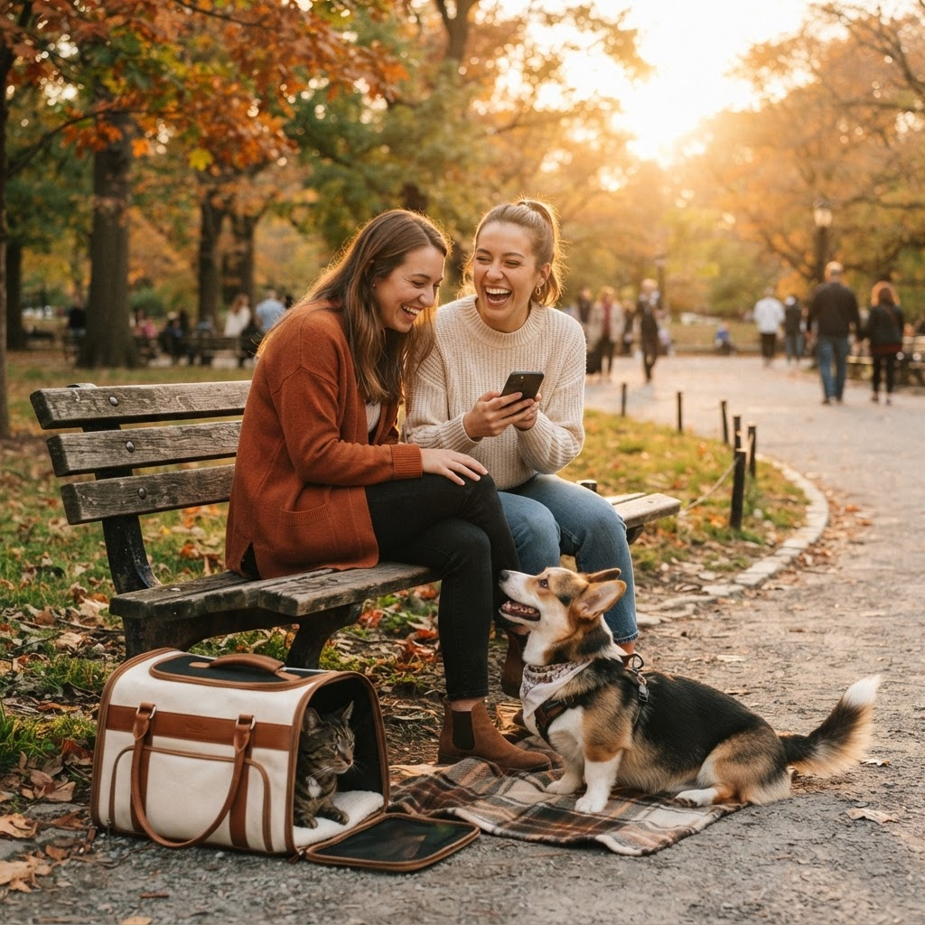 Two friends on a park bench sharing Pet365 on a phone, with a corgi nearby